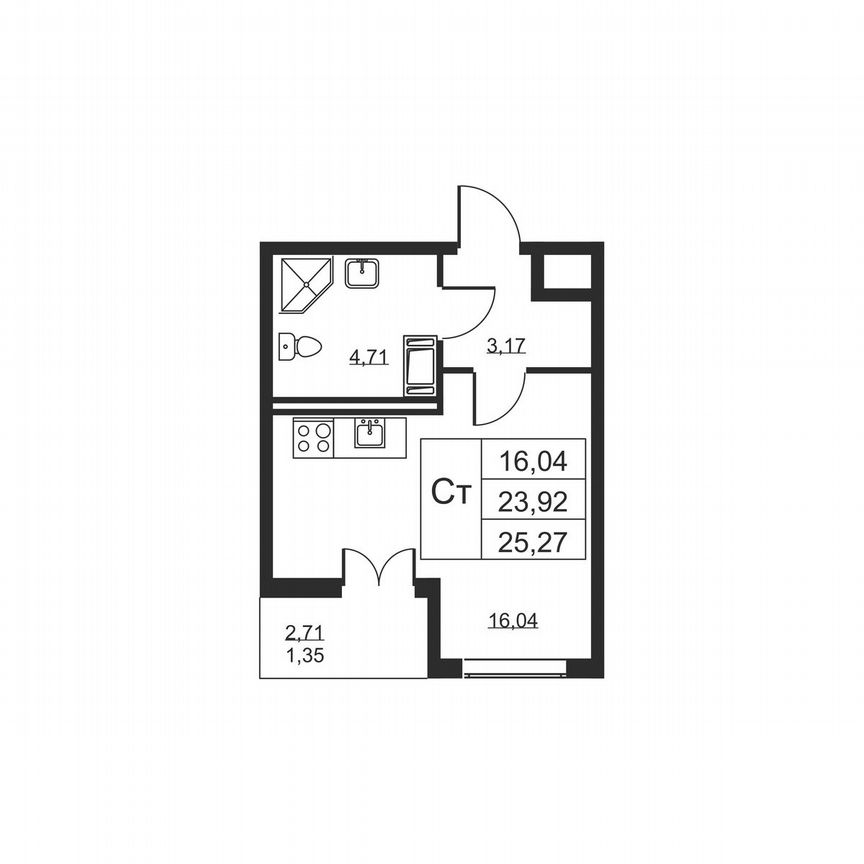 Квартира-студия, 25,3 м², 11/19 эт.