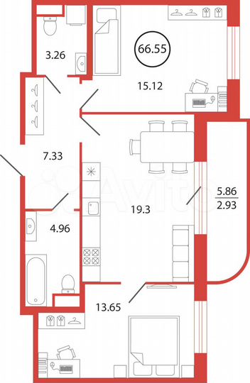 2-к. квартира, 66,6 м², 2/12 эт.
