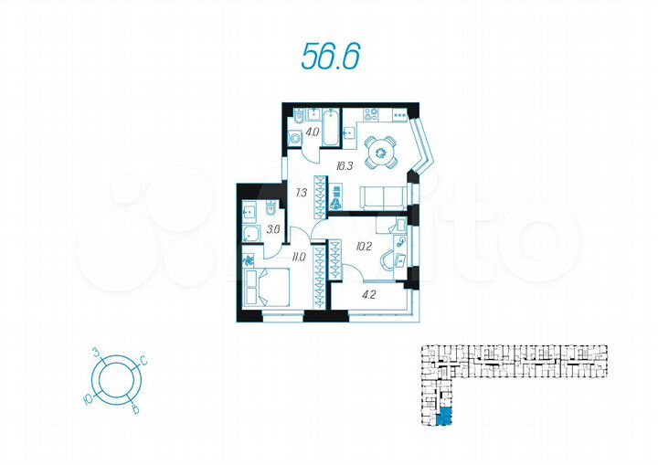 3-к. квартира, 56,6 м², 23/24 эт.