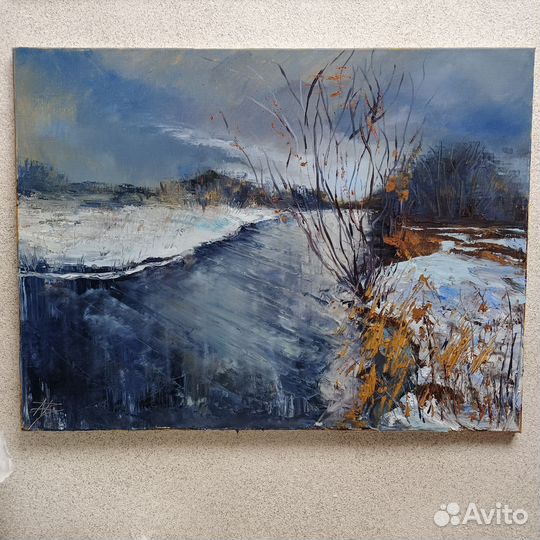 Картина маслом на холсте зимний пейзаж река постер