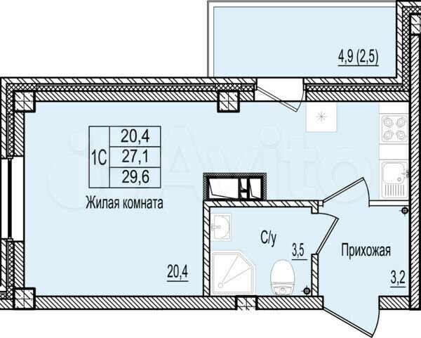 Квартира-студия, 29,6 м², 9/10 эт.