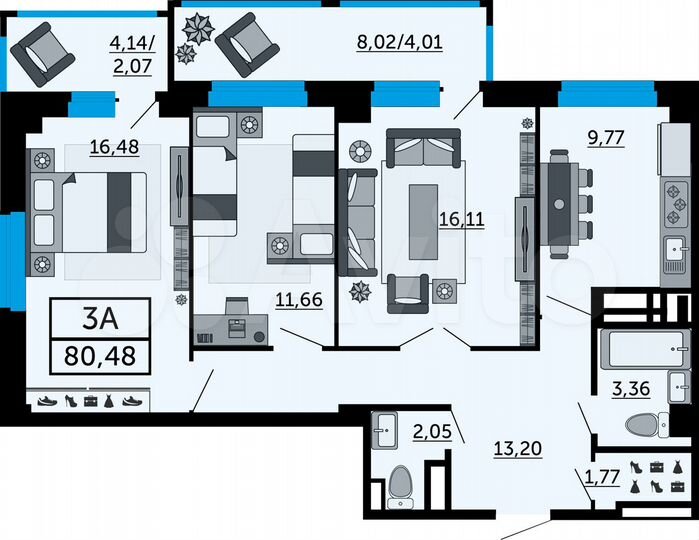 3-к. квартира, 80,5 м², 22/26 эт.