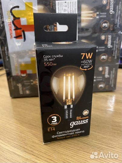Лампа Gauss светодиодная LED Filament 7W Е14 новые