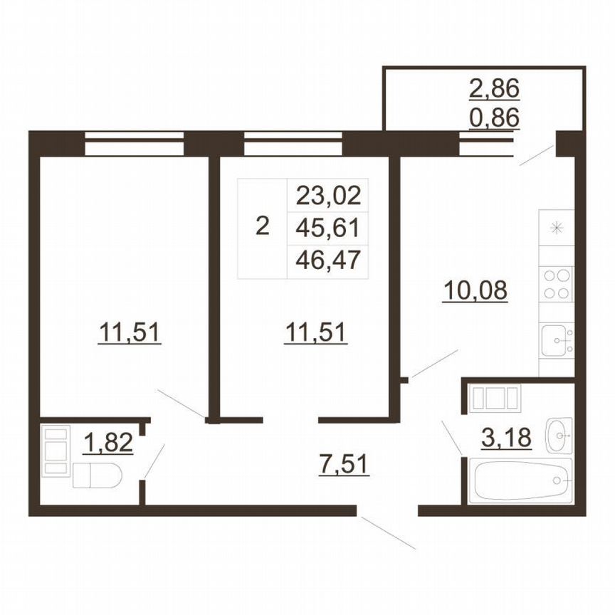 2-к. квартира, 46,5 м², 3/6 эт.
