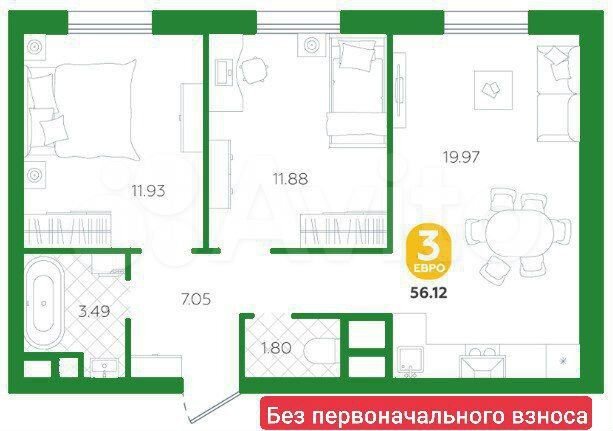 2-к. квартира, 56,1 м², 1/4 эт.