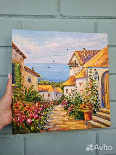 Картина маслом пейзаж лето море улицы дома холст