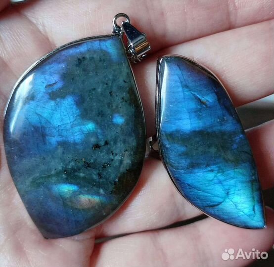 Лабрадорит кулон и кольцо синие