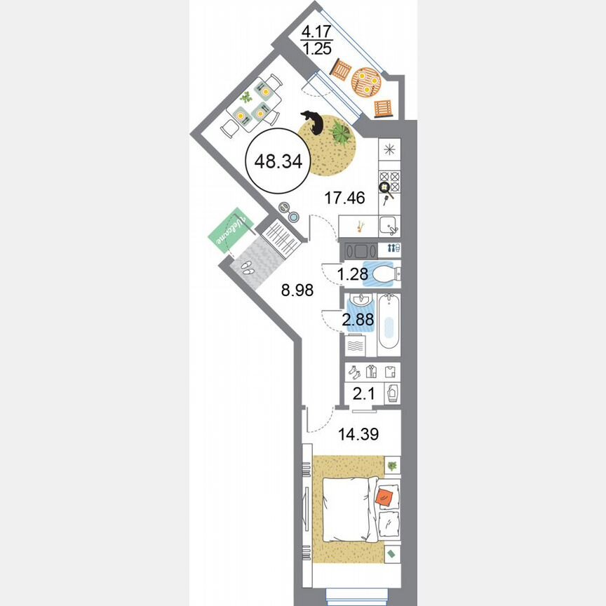 1-к. квартира, 48,3 м², 8/12 эт.
