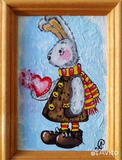 Картина маленькая. Животные. Птица. Птицы. Заяц