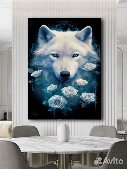 Картина маслом волк с розами Премиум холст