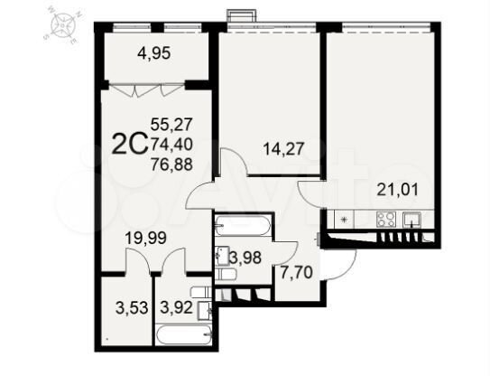 2-к. квартира, 77 м², 11/16 эт.