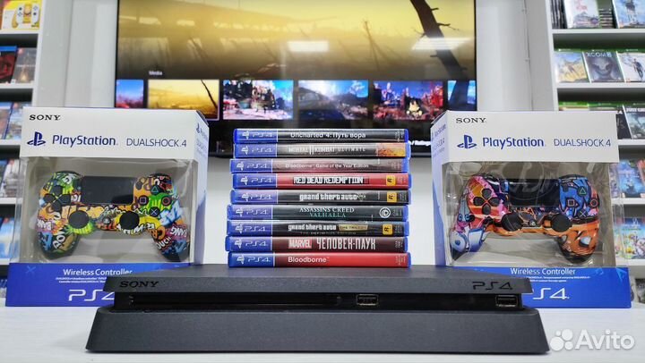 Sony PlayStation 4 Slim + 79 игр и 2 геймпада