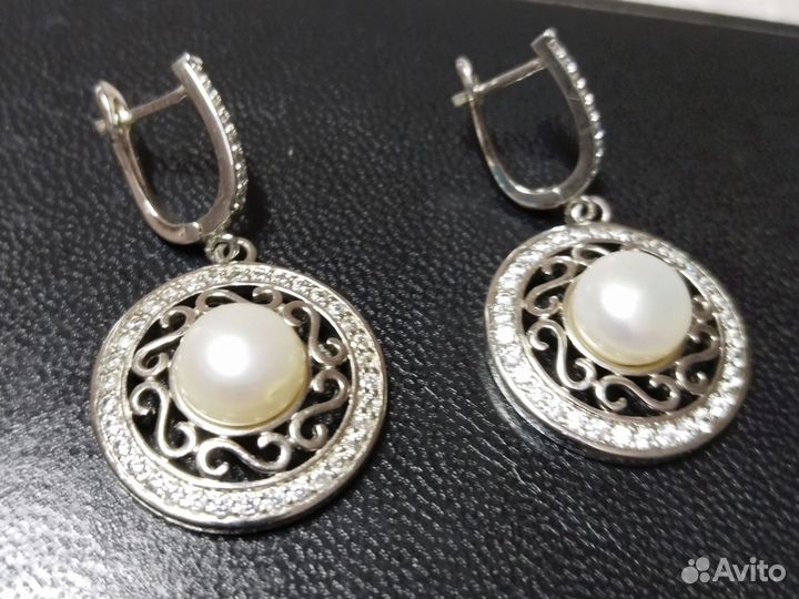 Серьги серебро с жемчугом и фианитами