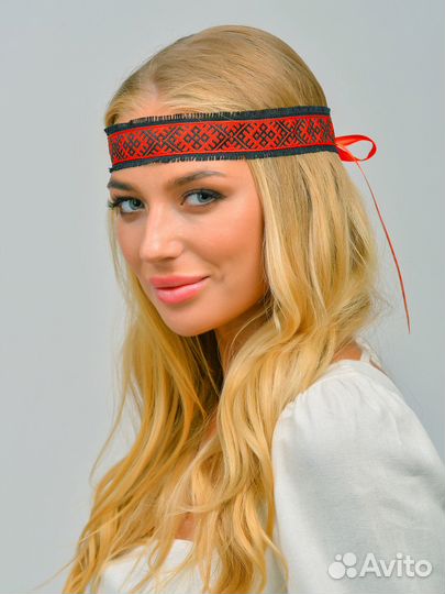 Славянское очелье из льна черно-красное В наличии