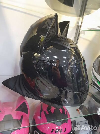 Мото шлем F-933 с ушками черный глянцевый