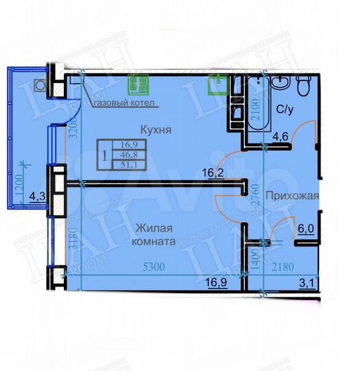 1-к. квартира, 51,1 м², 7/9 эт.