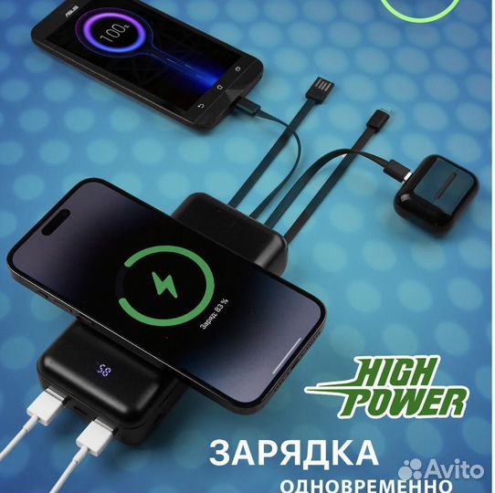 Внешний аккумулятор 20000 мАч Беспроводная зарядка