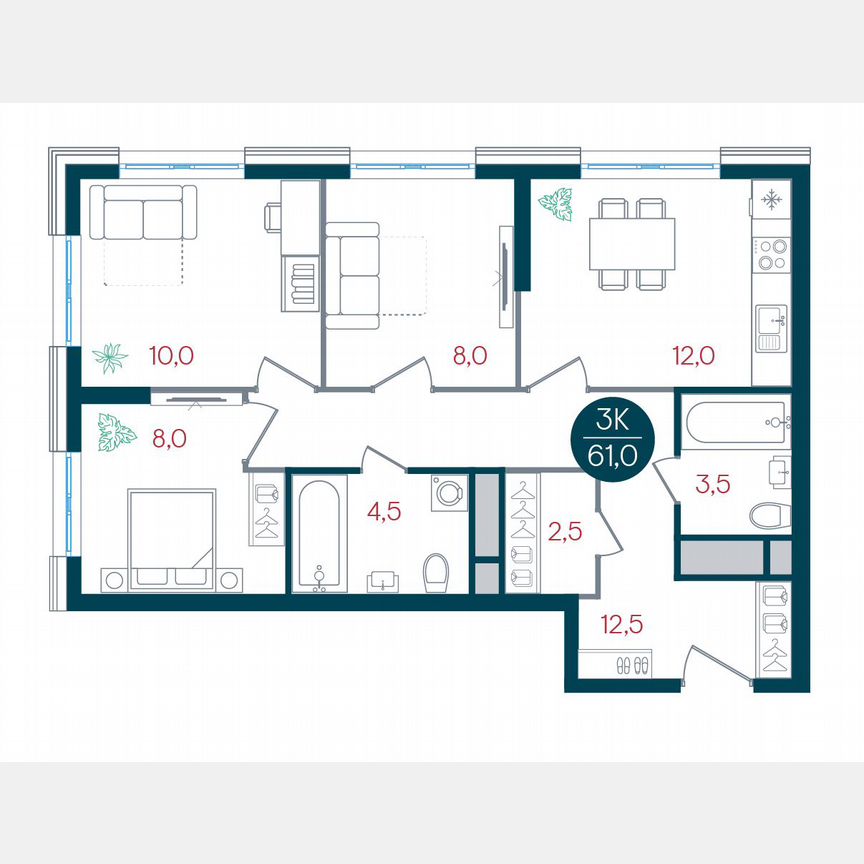 3-к. квартира, 61 м², 27/32 эт.