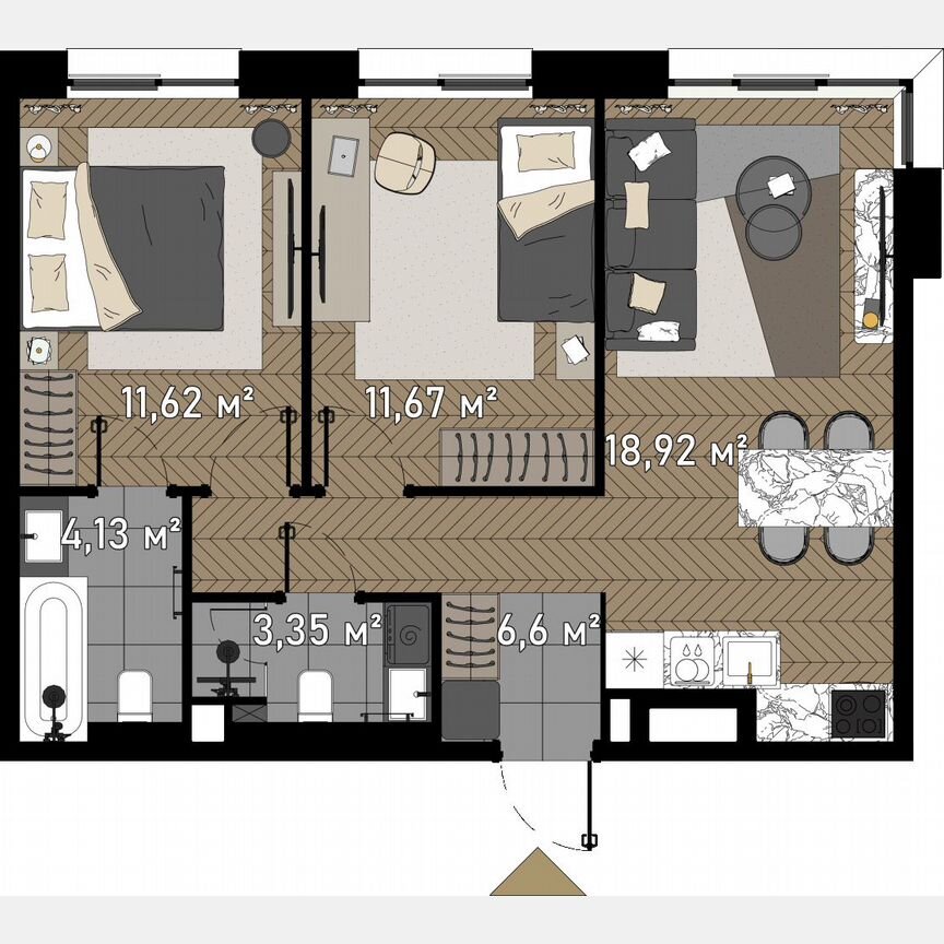 2-к. апартаменты, 58 м², 20/23 эт.