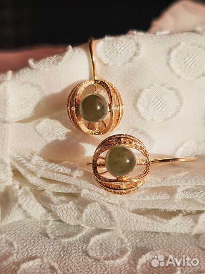 Золотые серьги Орбиты с нефритом 583 СССР