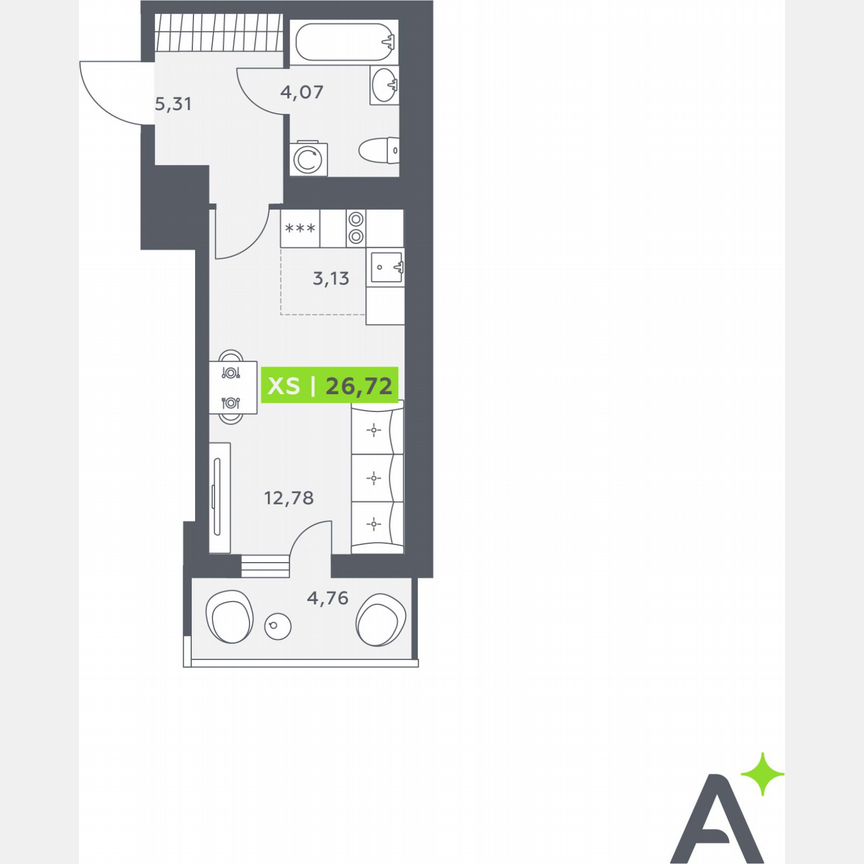 Квартира-студия, 26,7 м², 10/12 эт.