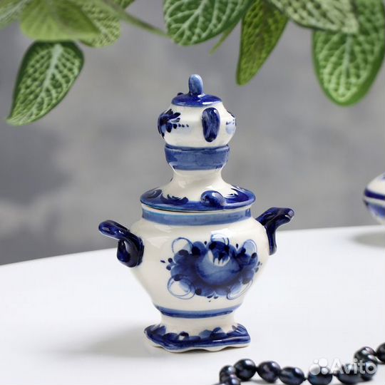 Сувенир 'Самовар', малый, гжель, фарфор, 12х10 см
