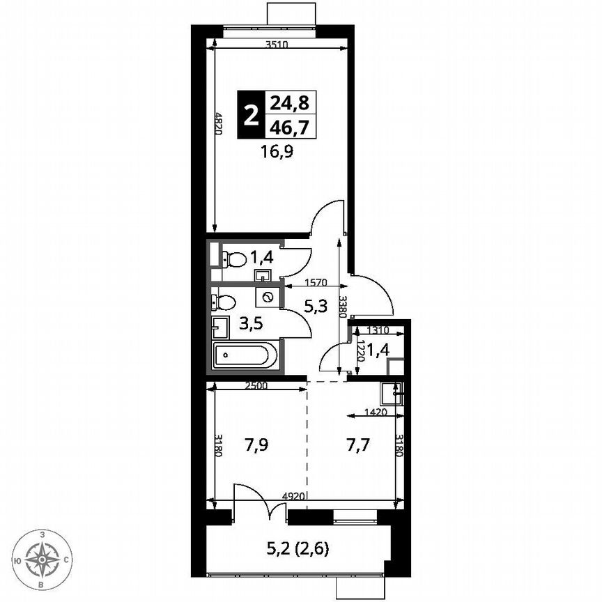 1-к. квартира, 46,7 м², 7/12 эт.