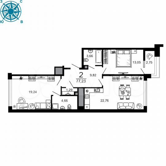 2-к. квартира, 77,2 м², 3/19 эт.