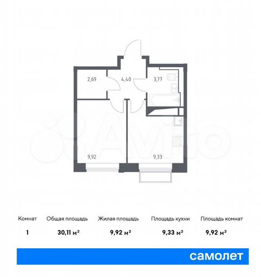 1-к. квартира, 30,1 м², 20/25 эт.