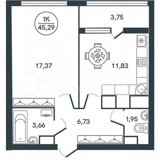 1-к. квартира, 45,3 м², 8/17 эт.