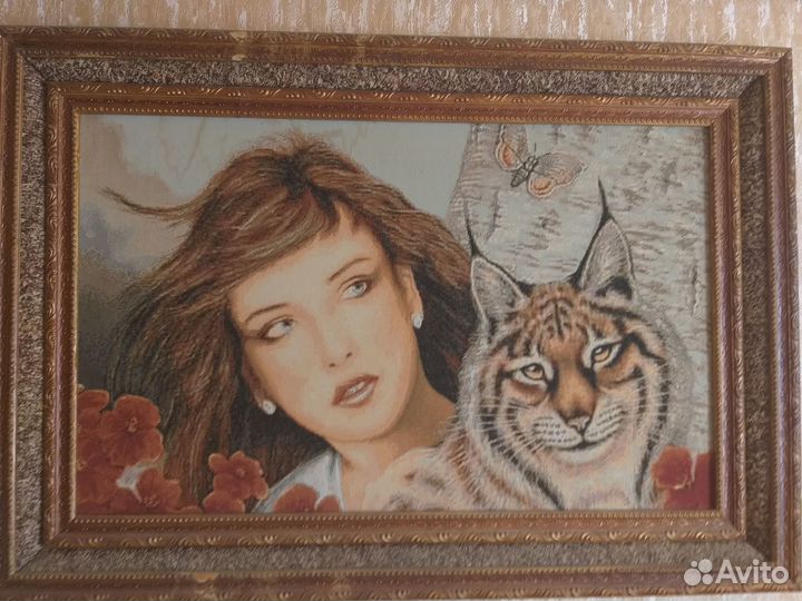 Картина вышивка, Девушка и тигр