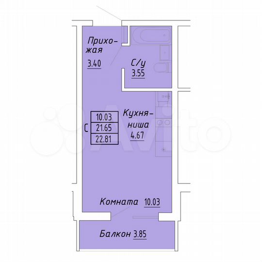 Квартира-студия, 22,8 м², 4/9 эт.