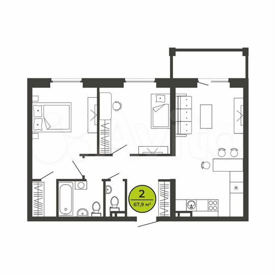 2-к. квартира, 67,9 м², 2/9 эт.