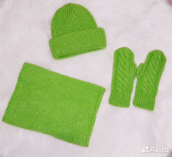 Комплект шапка, снуд, варежки пух норки 3 нити