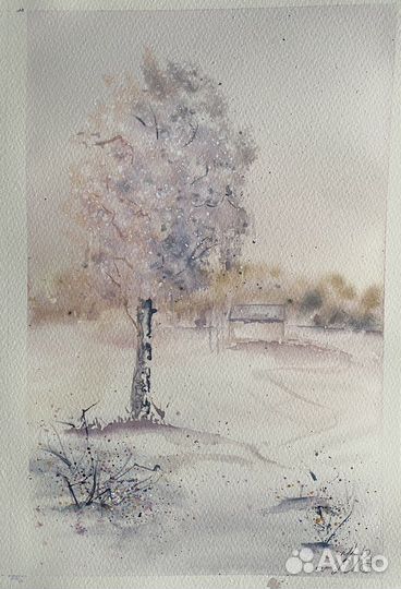 Картина акварелью пейзаж «Нежная береза» 18х29