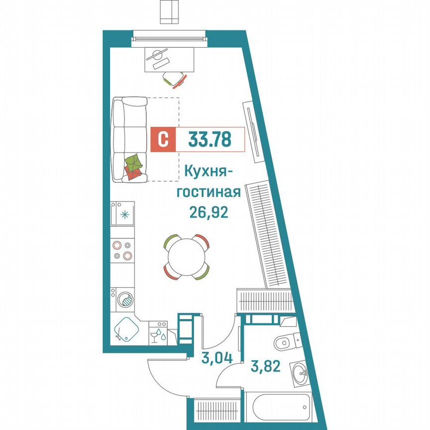 Квартира-студия, 33,8 м², 3/18 эт.