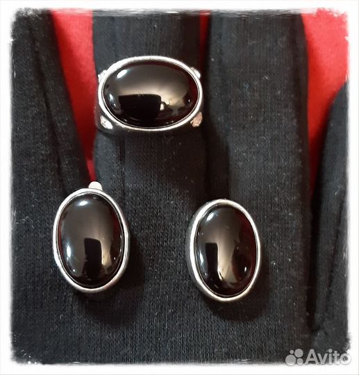 Набор украшений серьги и кольцо с черным агатом