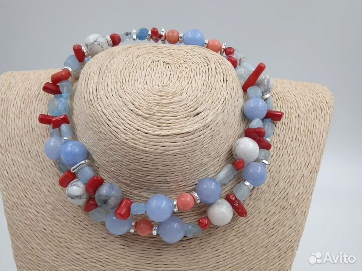 Бусы 62см,корал,агат, аквамарин