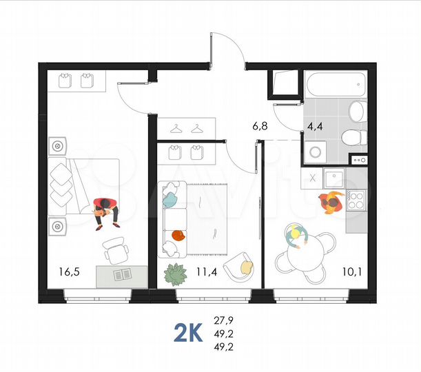 2-к. квартира, 49,2 м², 1/6 эт.