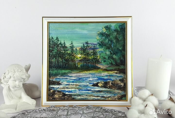 Лесной пейзаж с речкой. Картина маслом 20\20см