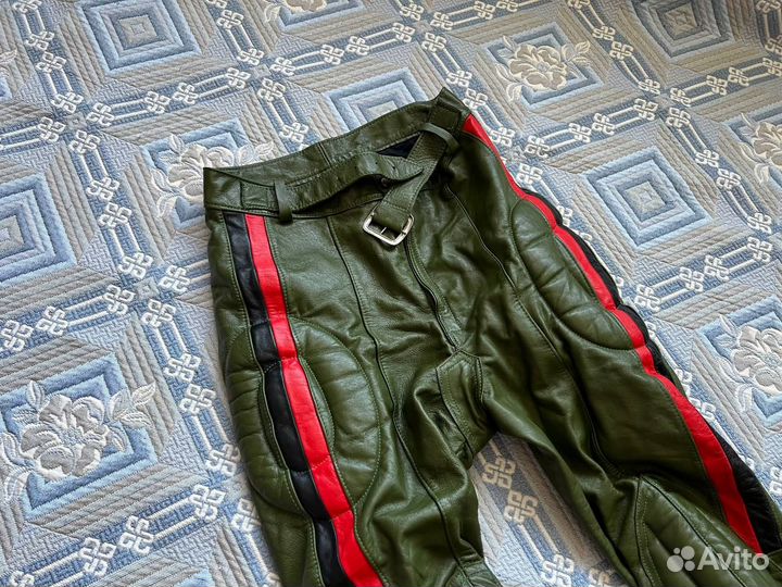 Мотоштаны кожаные зеленые р.34