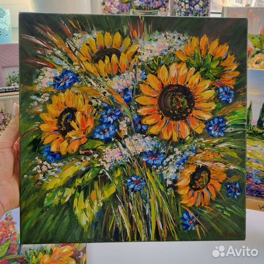 Цветы подсолнухи васильки картина маслом на холсте