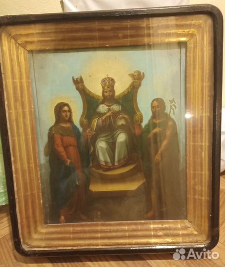 Икона старинная спас на троне. Киот