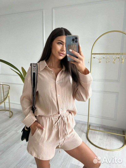 Летний костюм двойка с шортами Пудровый
