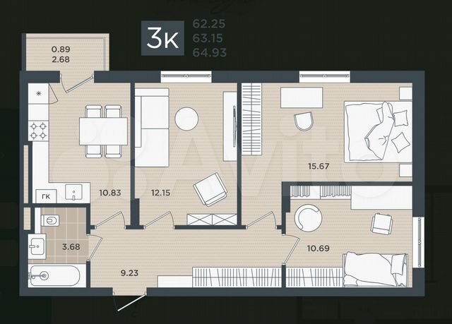 3-к. квартира, 64,9 м², 1/5 эт.