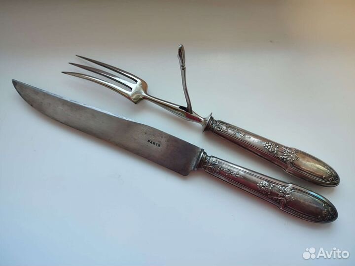 Антиквариат. Серебро 19век Нож и вилка для мяса