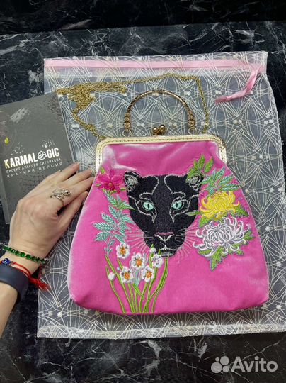Сумка с вышивкой животных пантера цветы