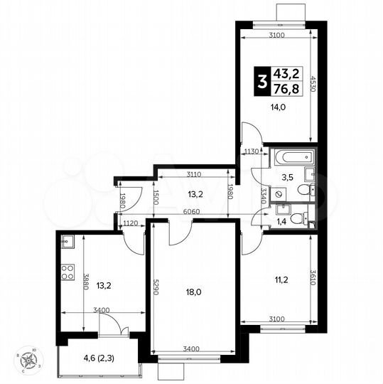 3-к. квартира, 76,8 м², 4/20 эт.