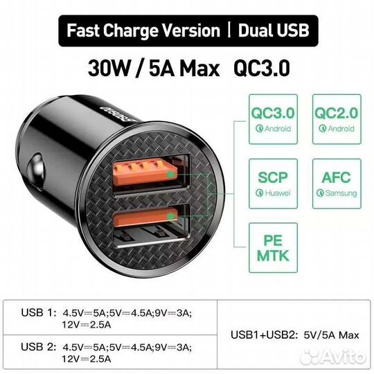 Автомобильное з/у baseus 30w
