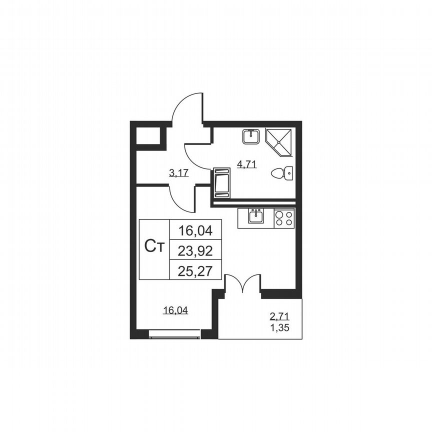 Квартира-студия, 25,3 м², 6/19 эт.